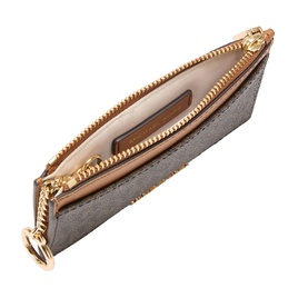 MMK brown/acorn leather cardholder open showing cream interior, gold-tone zip and ring detail, one size