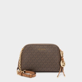 MMK Freddy Chain Crossbody Bag in brown/acorn logo print, dome silhouette, gold-tone chain and leather strap, zip fastening