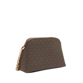 MMK Freddy Chain Crossbody Bag in brown monogram logo print, dome silhouette with gold-tone chain strap and zip fastening