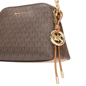 MMK Freddy Chain Crossbody Bag in brown monogram print with gold-toned hardware, MK logo charm, and tan tassel detail