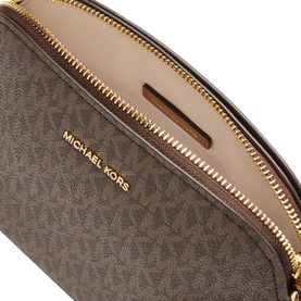 MMK Freddy Chain Crossbody Bag in brown monogram logo print, gold-toned zip fastening, nude interior lining visible