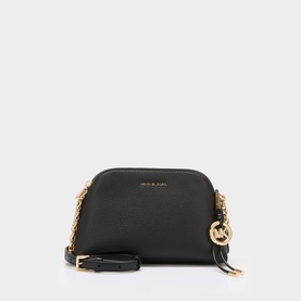 MMK black crossbody bag with gold-tone chain strap and MK logo charm, dome-shaped structured silhouette