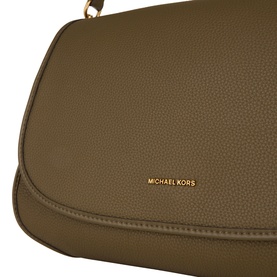 MMK crossbody bag in loden green pebbled leather with gold-tone logo lettering and flap detail