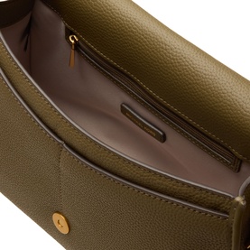 MMK loden green leather crossbody bag open showing taupe lining, zip interior pocket and gold-tone hardware detail