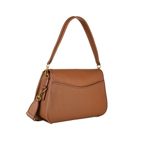 MMK leather crossbody bag in luggage tan with gold-tone hardware, removable crossbody strap, and structured flap closure