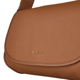 Michael Kors luggage tan pebbled leather crossbody bag with gold logo detail and structured flap closure