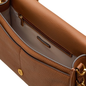 MMK luggage tan leather crossbody bag, open interior view showing zip pocket, gold-tone zip and turn-lock hardware detail