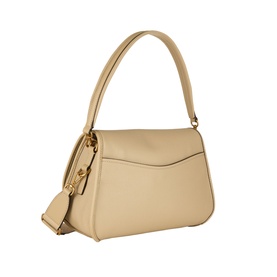 MMK khaki leather crossbody bag with gold-tone hardware, top handle, and detachable adjustable shoulder strap