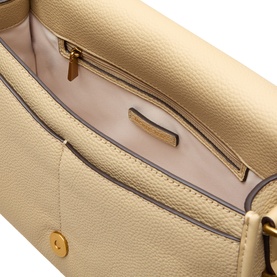 MMK khaki leather crossbody bag, interior view showing main compartment, zip pocket, and gold-tone hardware detail