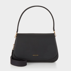MMK Holmes Logo Crossbody Bag in black leather, gold-tone logo hardware, flap closure, top handle and removable crossbody strap