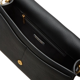 MMK Holmes Logo Crossbody Bag in black pebbled leather, open view showing zip interior pocket and gold-tone logo hardware detail