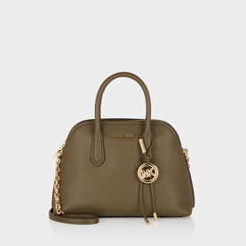MMK Loden leather satchel with gold-tone hardware, MK logo charm, dual top handles and detachable chain crossbody strap