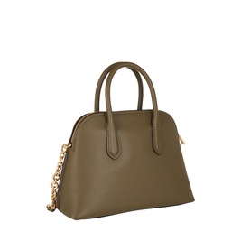 MMK loden green leather satchel with dual top handles, gold-tone chain strap, and structured dome silhouette