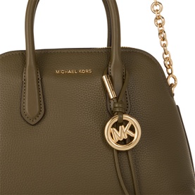 Michael Kors loden green leather satchel with twin top handles, gold-tone MK logo charm and chain crossbody strap detail