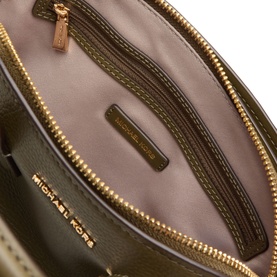 MMK loden leather satchel interior showing pink fabric lining, zip pockets and gold-tone zip detailing
