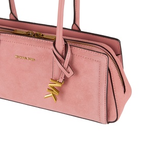 MMK Laila Tote Bag in primrose suede, gold-toned hardware, zip fastening, and gold zigzag hanging charm detail