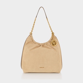 MMK khaki leather shoulder bag with gold chain strap and circular logo charm, slouchy silhouette with ruched top edge