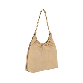 MMK khaki leather shoulder bag with gold chain strap and ruched top detail, slouchy silhouette