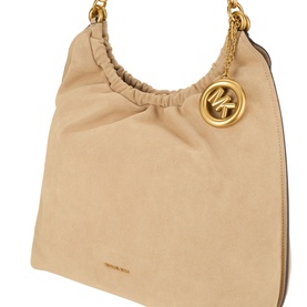 MMK khaki leather shoulder bag with gold-tone chain strap, ruched detail, and circular MK logo charm
