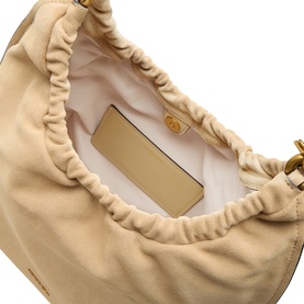 MMK khaki leather shoulder bag, open top view showing ruched exterior, interior pocket, and gold-tone hardware detail