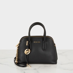 MMK black leather satchel with gold-tone hardware, top handles, MK logo charm, and detachable chain crossbody strap