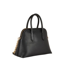 MMK black leather satchel with gold-tone chain strap and dual top handles, structured dome silhouette with zip closure