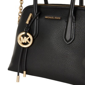 MMK black leather satchel with gold-tone chain strap, zip top, and MK logo charm detail