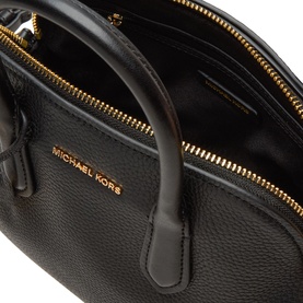 Michael Kors black leather satchel, open top view showing gold-tone zip interior pocket and dual top handles