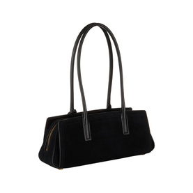 MMK Laila Tote Bag in black suede with dual top handles, gold-toned hardware, and zip fastening