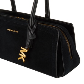 MMK Laila Tote Bag in black suede with gold-toned hardware, MK hanging charm, zip fastening and top handles visible