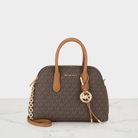 MMK Freddie Logo Satchel Bag in brown/acorn with MK monogram print, tan leather handles, gold-tone chain crossbody strap and logo charm