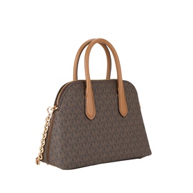 MMK Freddie Logo Satchel Bag in brown and acorn, all-over logo print, tan top handles, gold-tone chain crossbody strap