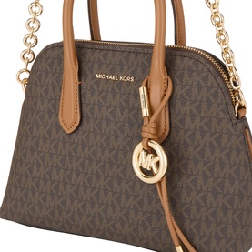 MMK Freddie Logo Satchel Bag in Brown/Acorn with gold-tone chain crossbody strap, top handles, zip fastening and MK logo charm
