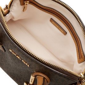 MMK Freddie Logo Satchel Bag in Brown/Acorn, interior view showing cream lining, gold-tone zip and branded interior pocket