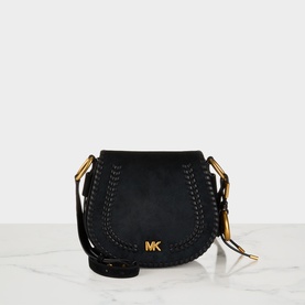 MMK Josie Saddle Crossbody Bag in black suede with gold-tone hardware, tonal braided trim, MK monogram logo and adjustable strap