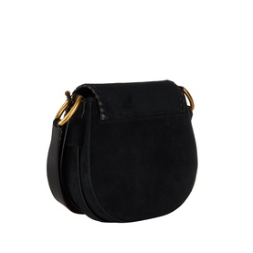 MMK Josie Saddle Crossbody Bag in black suede with gold-tone ring hardware, flap closure, and adjustable crossbody strap