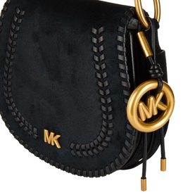 MMK Josie Saddle Crossbody Bag in black suede with gold-tone MK logo hardware, braided trim detail and branded keychain tassel.