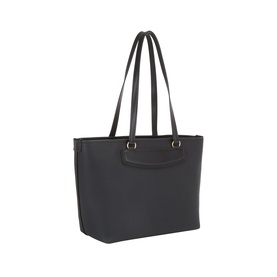 MMK black leather tote bag with double shoulder straps and gold-tone hardware, front flap pocket detail
