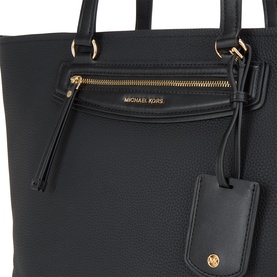 MMK black leather tote bag with gold-tone zip detail, front pocket, and detachable luggage tag