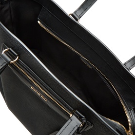 MMK black leather tote bag interior view, showing zip pocket, multiple compartments, and gold-tone hardware detailing