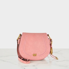 MMK primrose pink suede leather saddle bag with gold-tone hardware, whipstitch trim, and adjustable crossbody strap