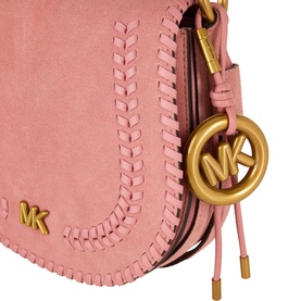 MMK Primrose pink suede top handle bag with whipstitch trim and gold-tone MK logo charm and hardware detail.
