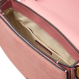 MMK Primrose leather top handle bag interior view, showing cream suede lining, card slot, and zip detail