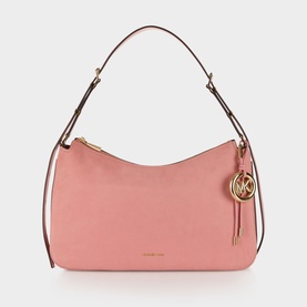 MMK primrose leather shoulder bag with gold-tone hardware, zip closure, MK logo charm, and single adjustable strap
