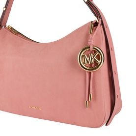 MMK primrose pink leather shoulder bag with gold-tone MK logo charm, zip closure and structured silhouette