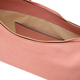MMK primrose leather shoulder bag, open interior view with gold-tone zip fastening and inner pocket visible