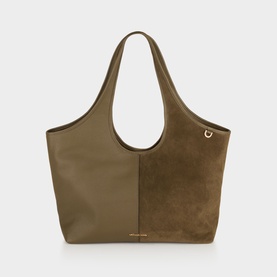 MMK Loden tote bag in mixed suede and smooth leather panels, gold-tone ring detail, wide shoulder straps, structured silhouette