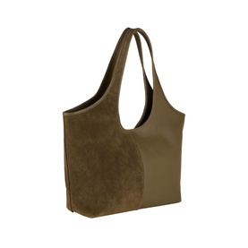 MMK loden suede tote bag with dual shoulder straps and circular suede patch detail, no hardware visible