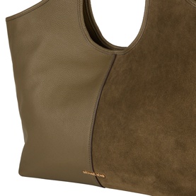 MMK loden tote bag in suede and smooth leather mix, open top, gold logo detail, dual-tone olive-green finish