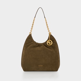 MMK loden suede shoulder bag with gold chain strap and circular logo charm, slouchy silhouette